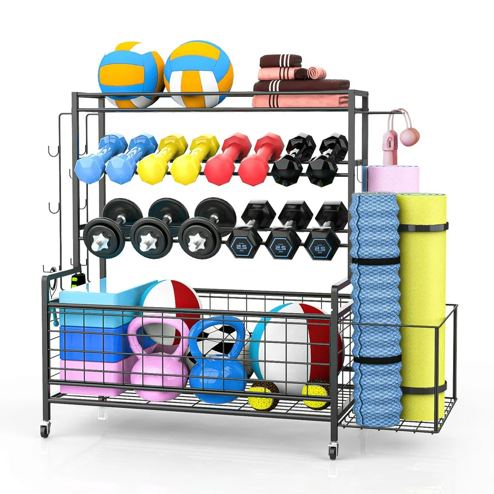 Dumbbell Rack, Weight Rack for Dumbbells, Home Gym Storage for Dumbbells Kettlebells Yoga Mat and Balls Workout Equipment Storage Organizer with Hooks and Wheels