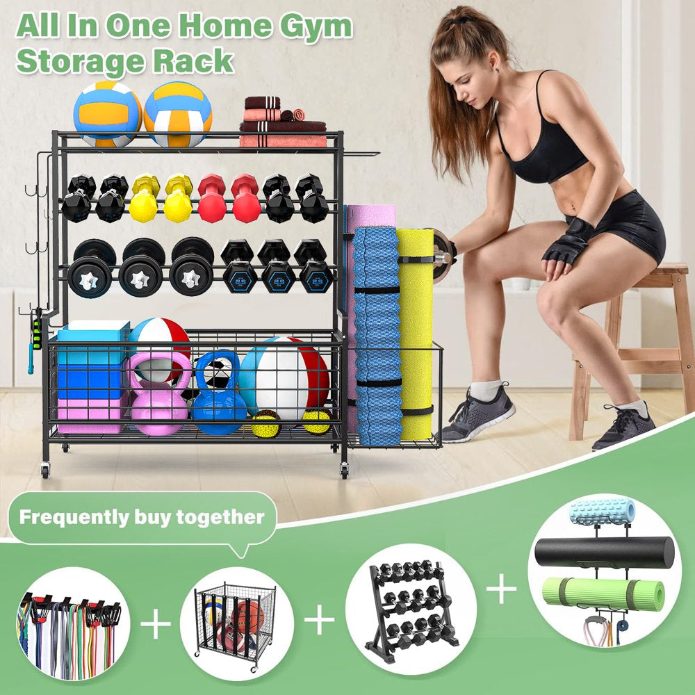 Dumbbell Rack, Weight Rack for Dumbbells, Home Gym Storage for Dumbbells Kettlebells Yoga Mat and Balls Workout Equipment Storage Organizer with Hooks and Wheels